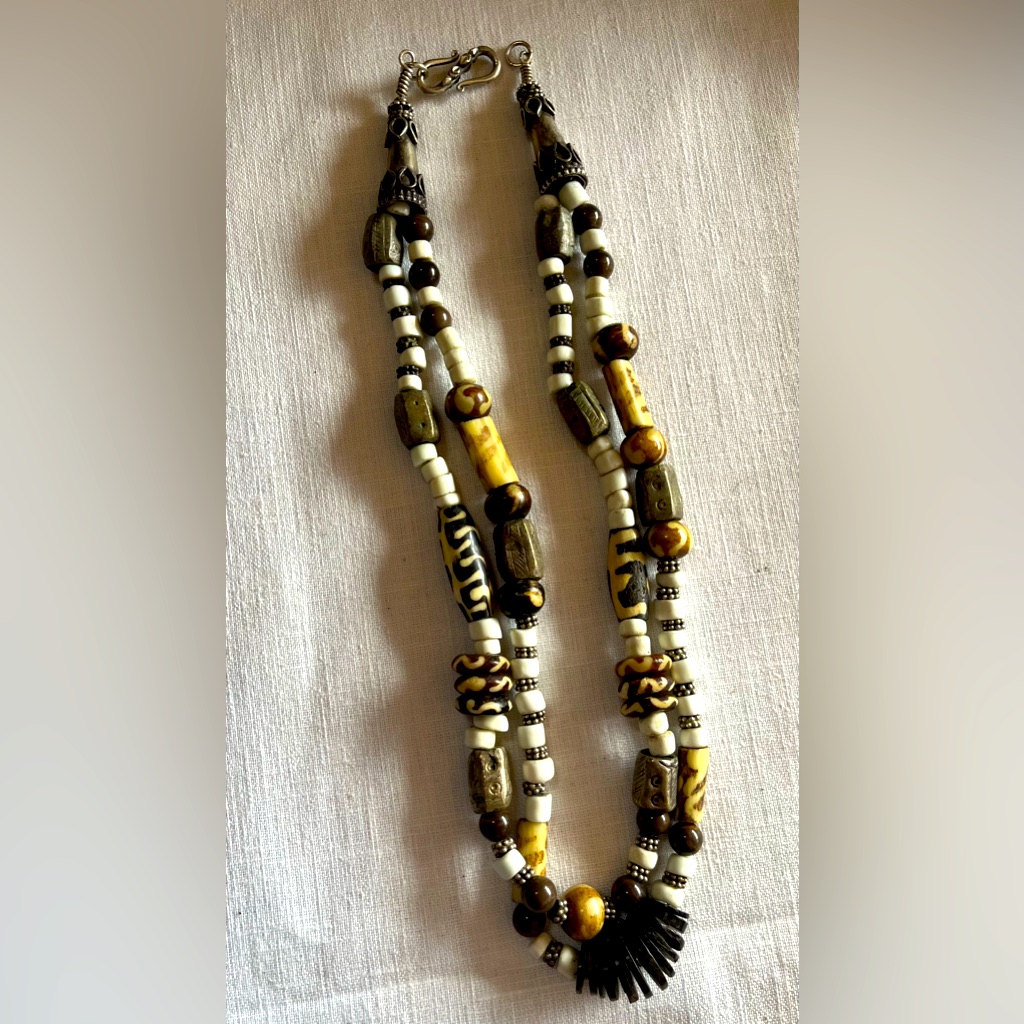 Vintage Tribal Double Stranded Necklace With Large Sterling Cone Ends And Clasp